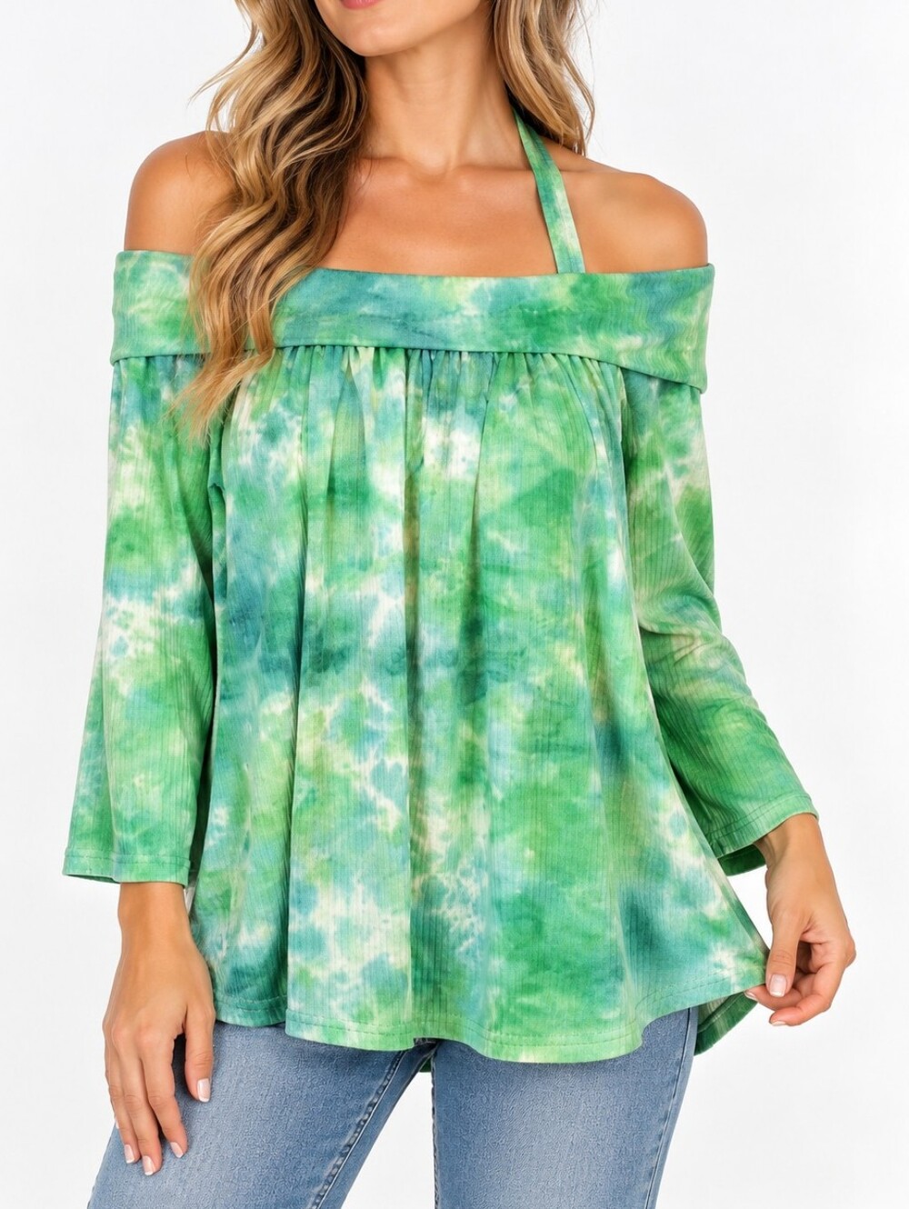 UMGEE | Women's Green Watercolor Tie-Dye Halter Off-Shoulder Top Size S